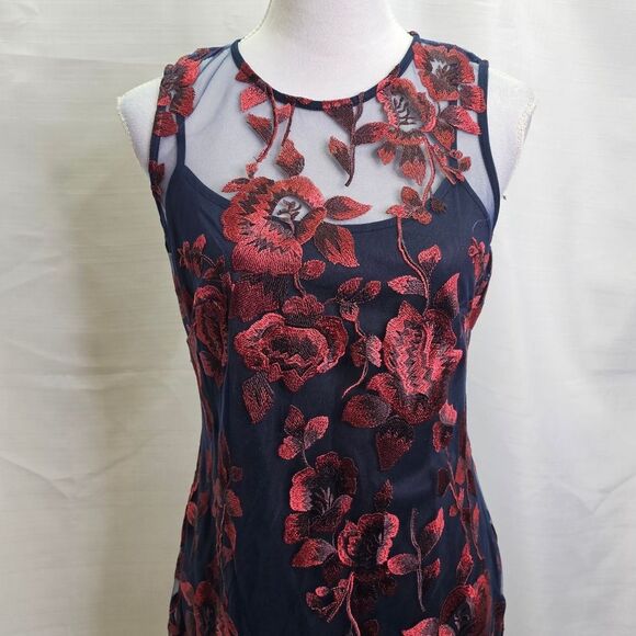 Donna Ricco Blue and Red Floral Embroidered Sheath Dress Size 8 - Picture 4 of 12